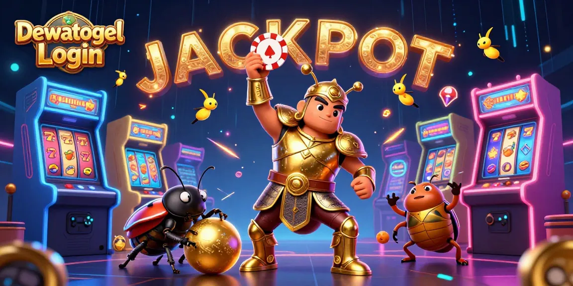 Catching jackpots with Dewatogel Login featuring a victorious beetle in a lively casino scene.