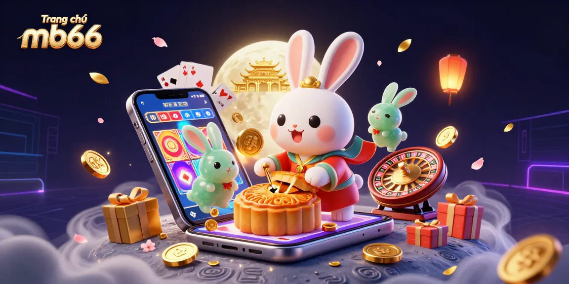 Engaging illustration of Trang chủ mb66 with a folkloric moon rabbit, poker chips, and dynamic casino elements.