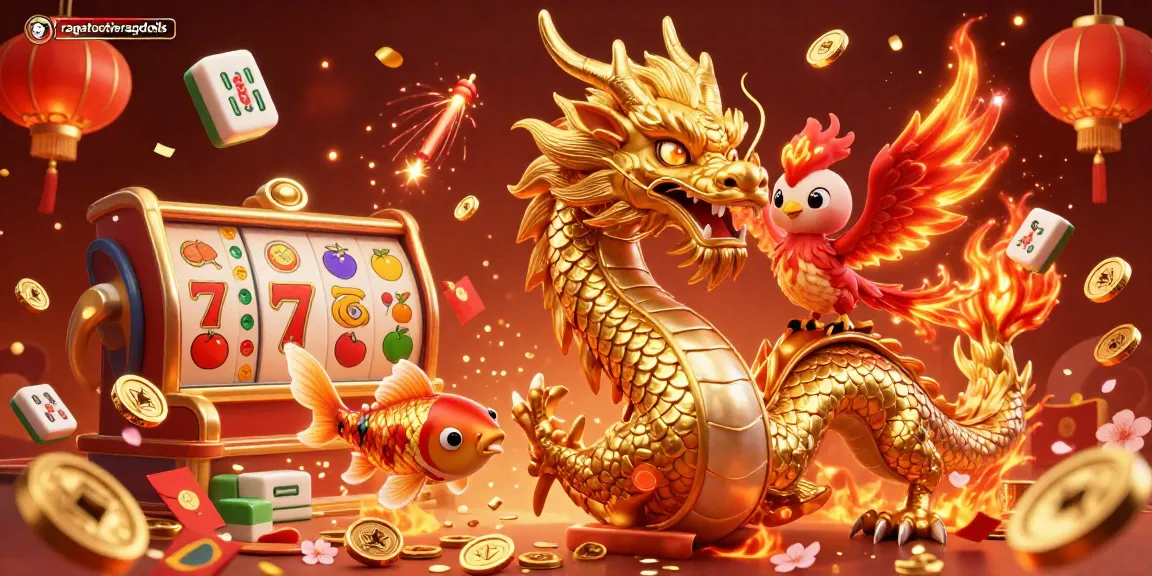 Experience thrilling gaming with ragatootieragdolls showcasing a vibrant 3D dragon, phoenix, and koi fish amidst festive casino elements.
