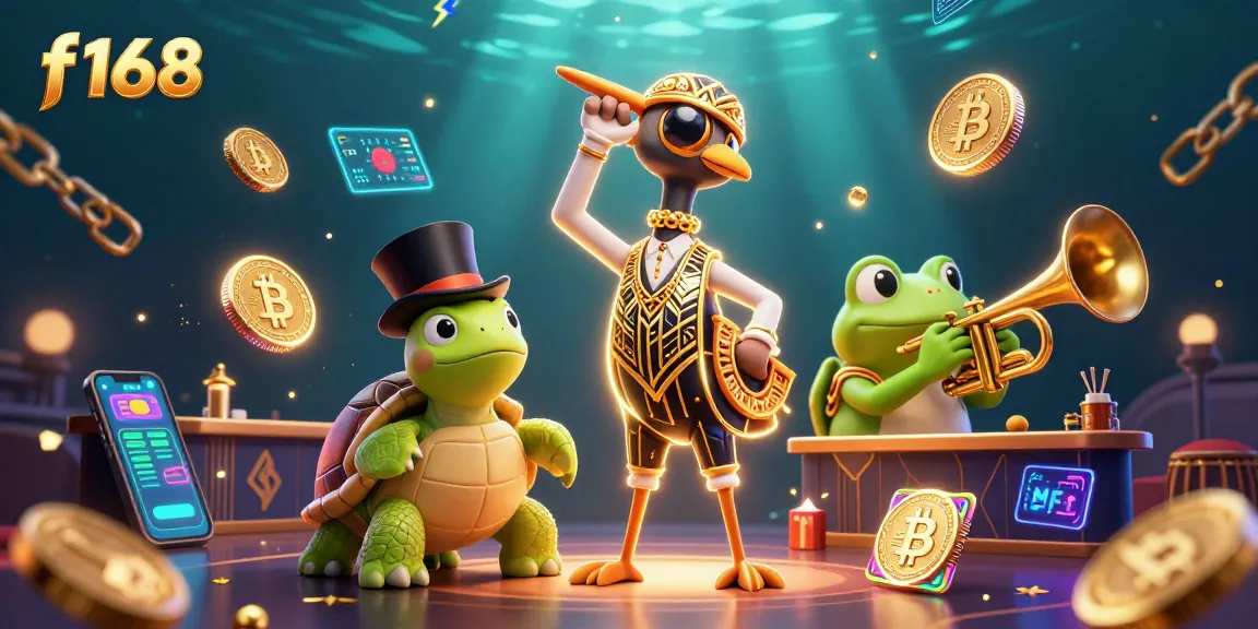 Join the excitement at f168 with vibrant characters and crypto elements in thrilling casino ambiance.