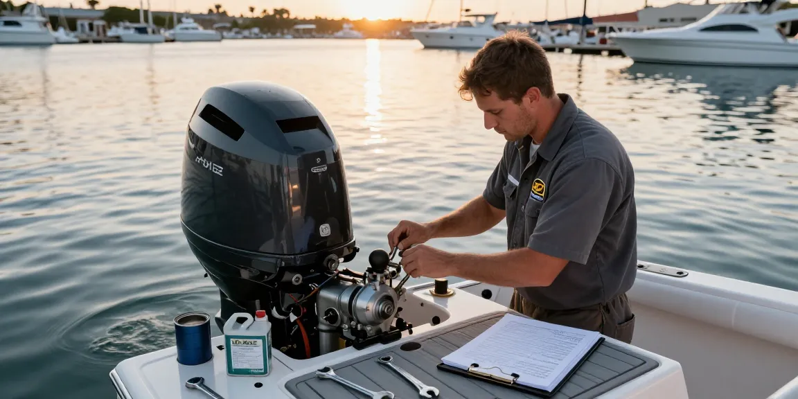 Expert mechanic inspecting a 2 stroke outboard motor on a fishing boat in a sunset marina.