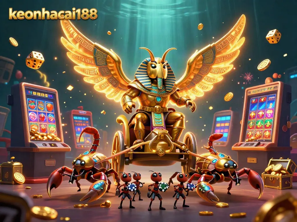 Engage in thrilling gameplay with keonhacai188's vibrant casino scene of a golden beetle and sparkling slot machines.