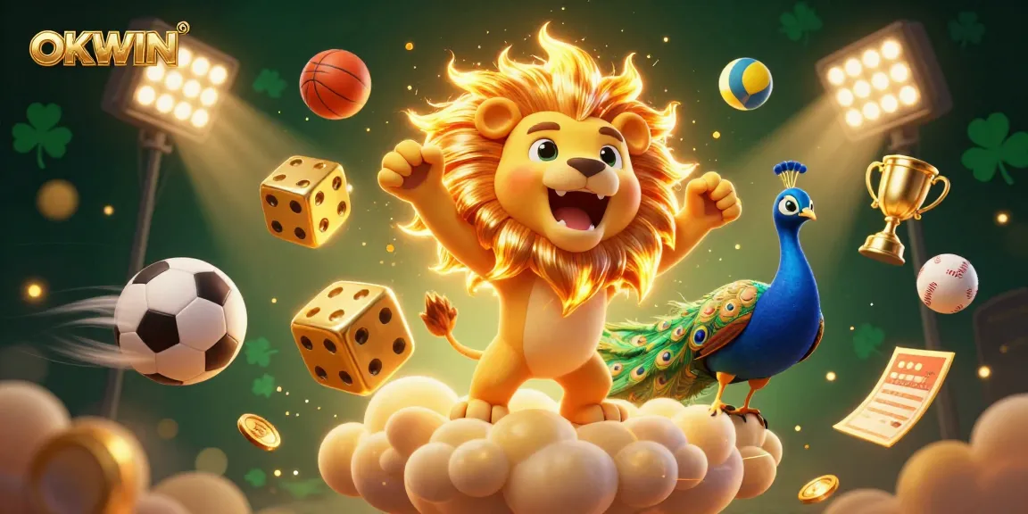 Engage with OKWIN's thrilling gaming, featuring a dynamic 3D lion, golden dice, and vibrant sports elements.