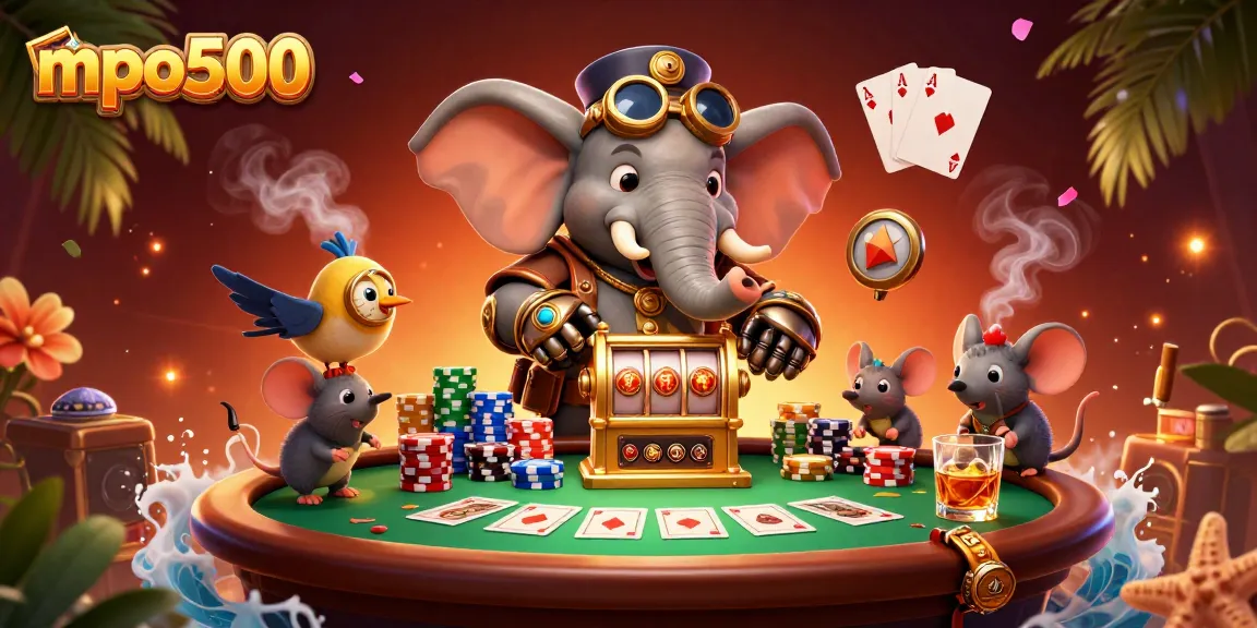 Engage with mpo500's dynamic gaming experience featuring steampunk characters and vibrant casino elements.