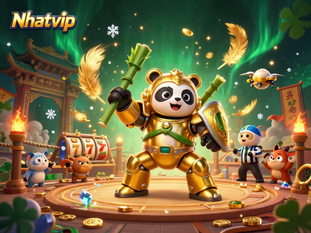 Nhatvip's vibrant gambling scene features a golden panda in a mech-suit amidst dramatic casino elements.