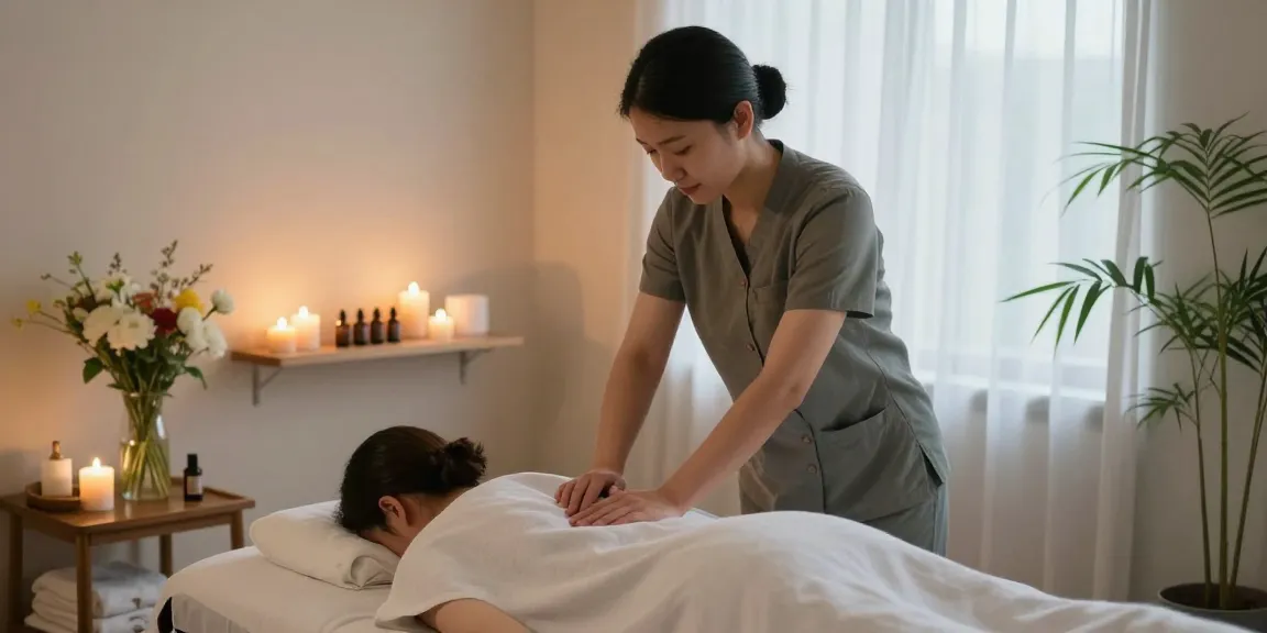 Relaxing 용산출장마사지 therapeutic scene with soothing atmosphere and essential oils