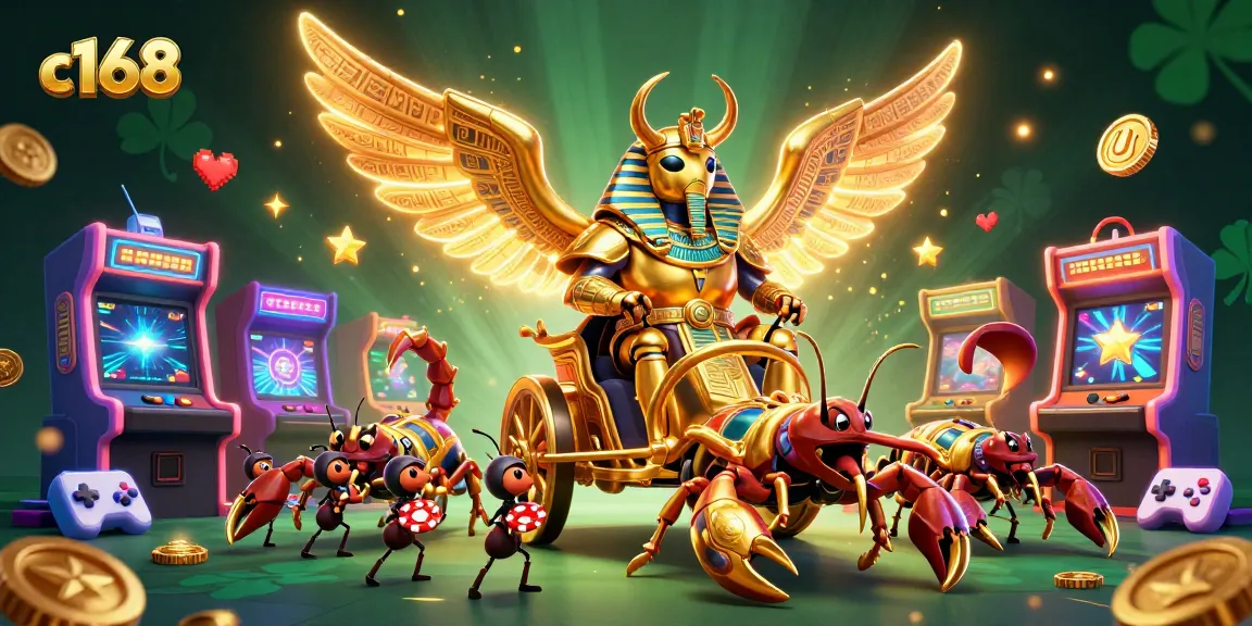 Engage in thrilling gameplay with c168 as a colossal scarab beetle leads the fun in a vibrant casino scene.