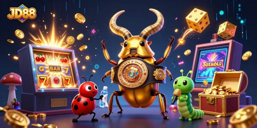 Experience thrilling JD88 gameplay surrounded by 3D golden beetles and slot machines bursting with excitement.