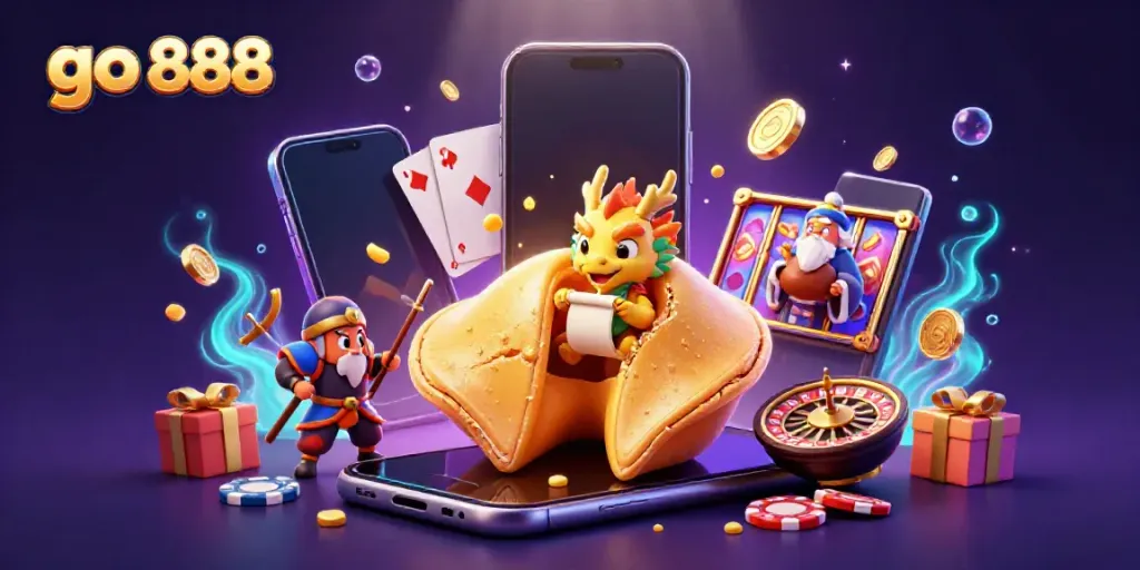 Engage with go 888's vibrant casino scene featuring a golden fortune cookie, dragon, and colorful slot game.