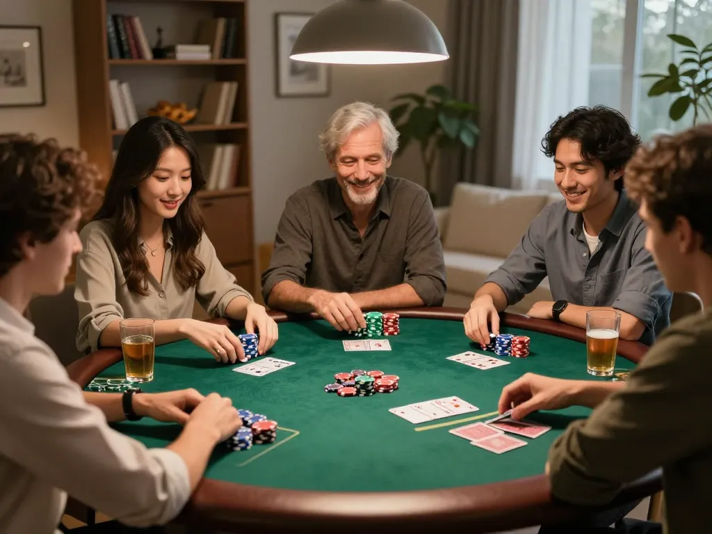 Friends enjoying poker night with vibrant chips and cards, 88vv gaming atmosphere.
