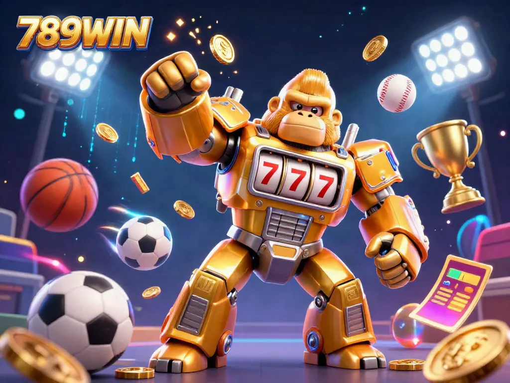 Win big with 789WIN in this 3D illustration showcasing a golden gorilla mech celebrating with sports elements.