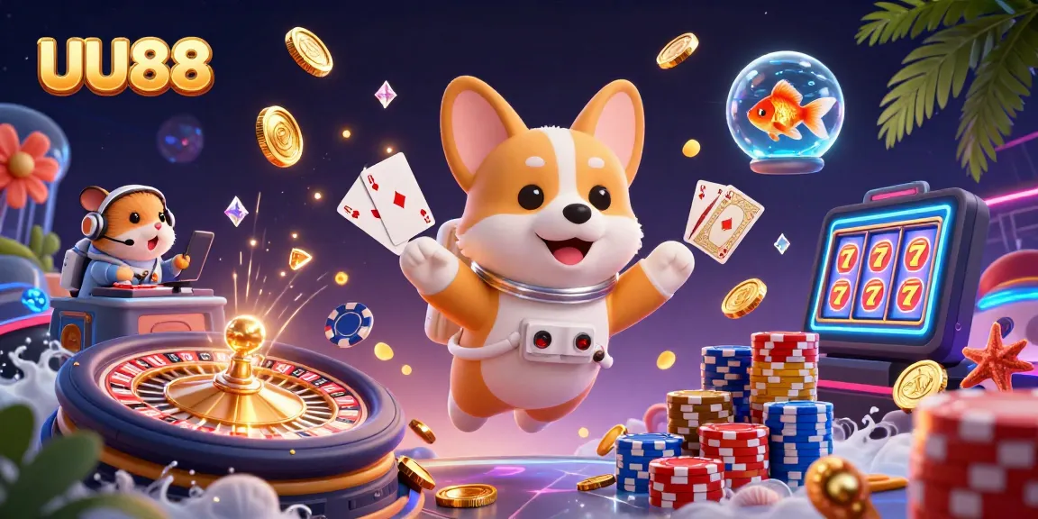 The UU88 space casino scene features a floating corgi, while poker chips and sparkling gems fill the air.