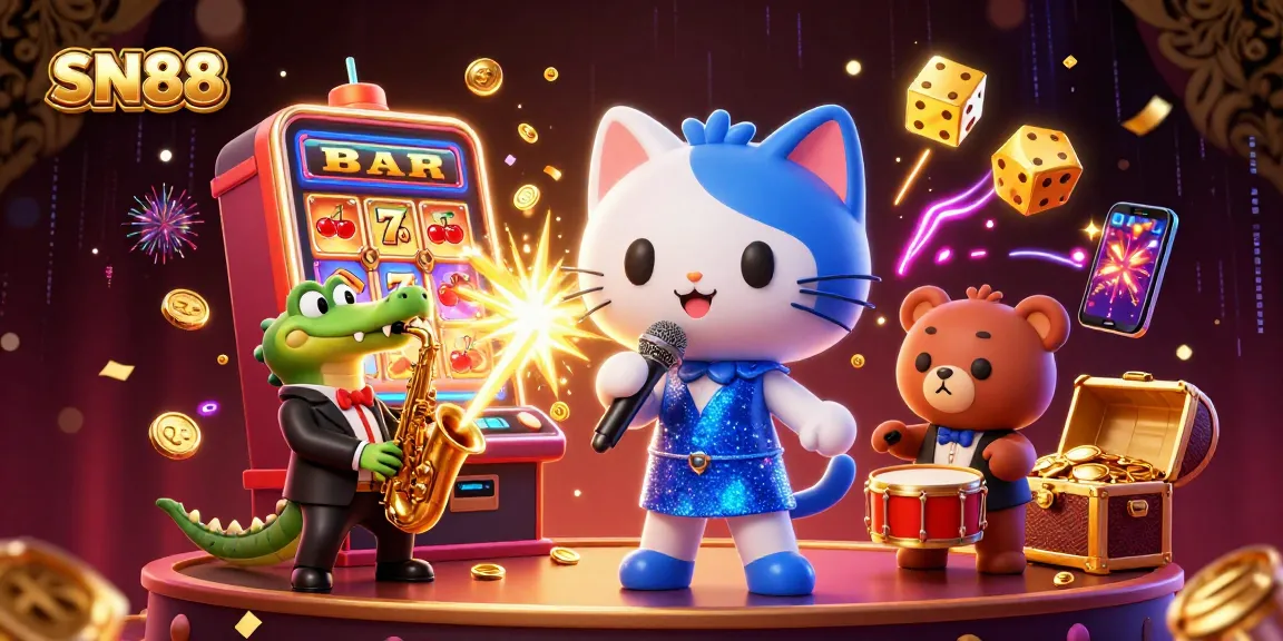 Experience exciting wins at SN88 with a vibrant casino scene featuring dynamic slot action and engaging characters.