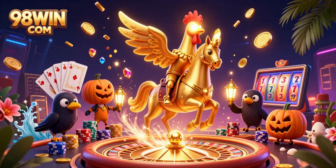 Win big at 98WIN COM with a lively golden rooster and gaming excitement in a casino scene.