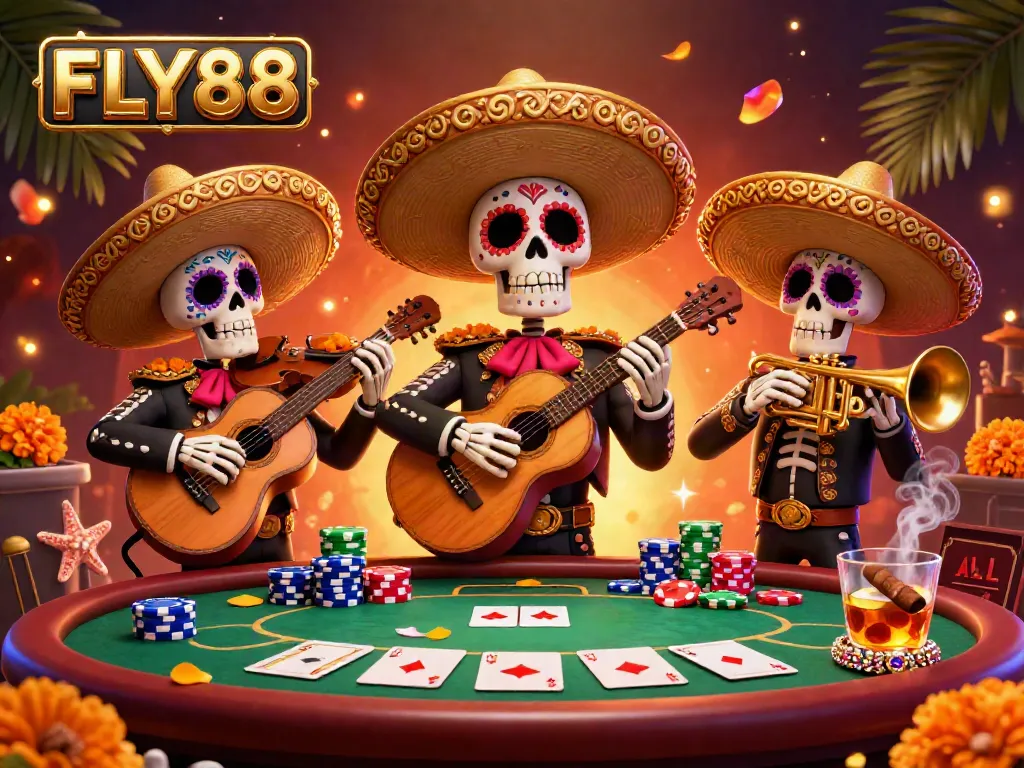 Engage with colorful FLY88 mariachis in a lively casino scene featuring poker action and vibrant decor.