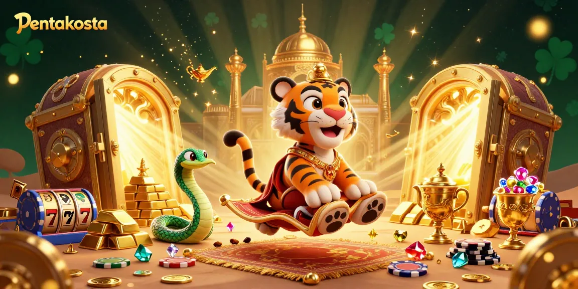 Experience the magic of pentakosta with the sultan on his poker chip carpet amidst a dazzling treasure vault.