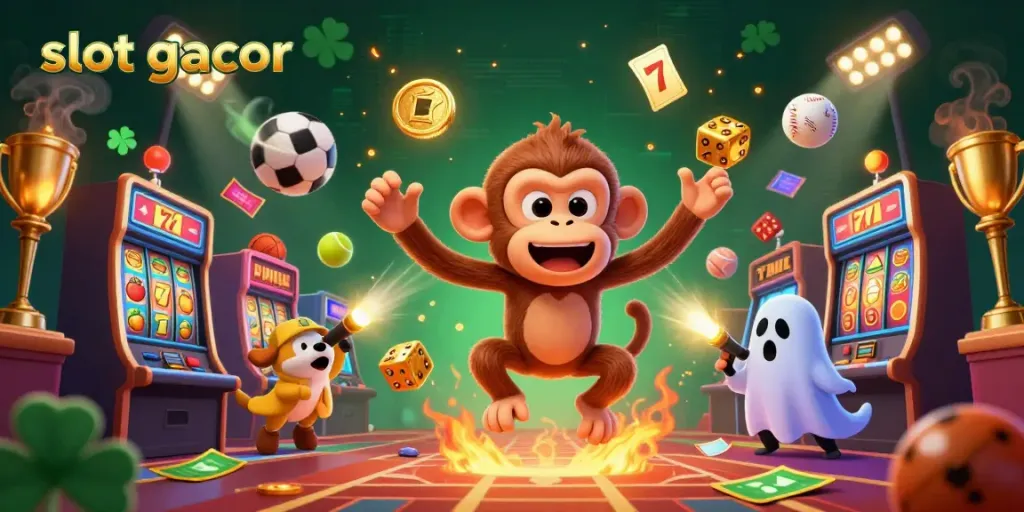 Watch the mischievous poltergeist monkey juggling slot gacor symbols in a haunted casino scene.