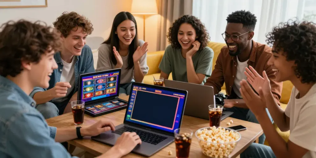 Friends enjoying playing bonus sans depot casino games online in a cozy living room.