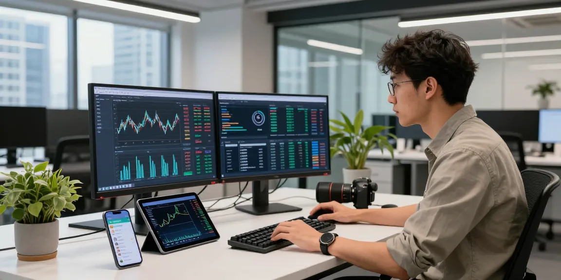 Developers using a free market data API in a modern tech workspace with financial data on screens.