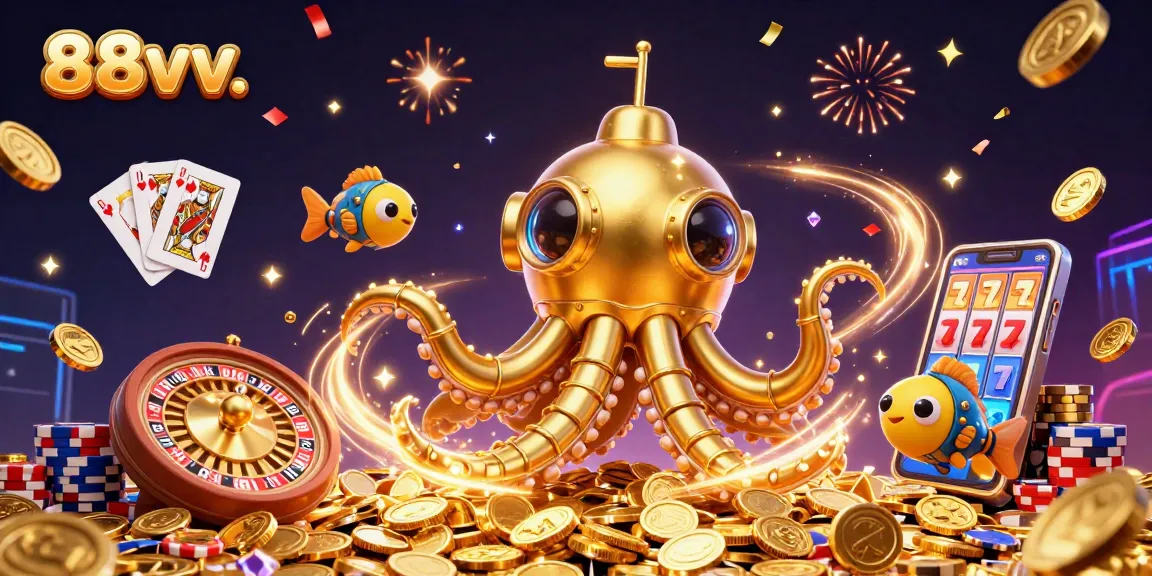 88vv. Dive into a vibrant online casino world filled with golden coins and joyful gaming excitement.