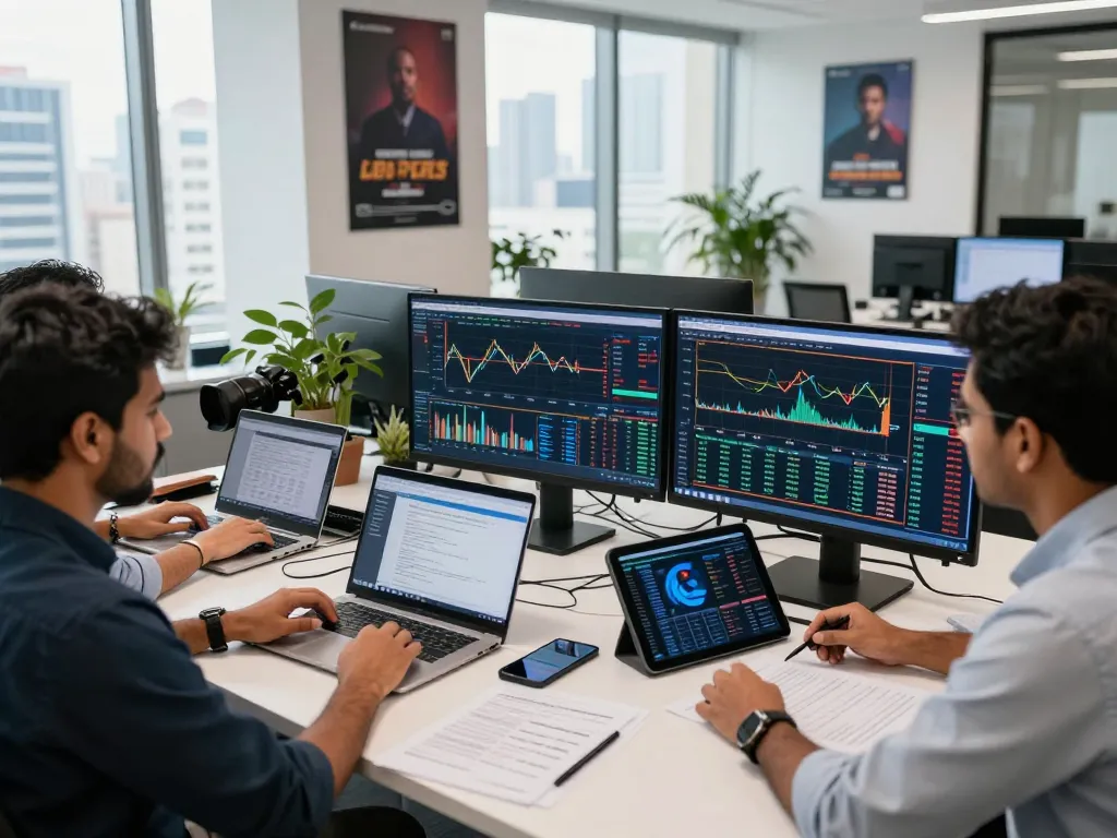 Traders collaborating on platforms for CFD trading in India in a modern financial office.