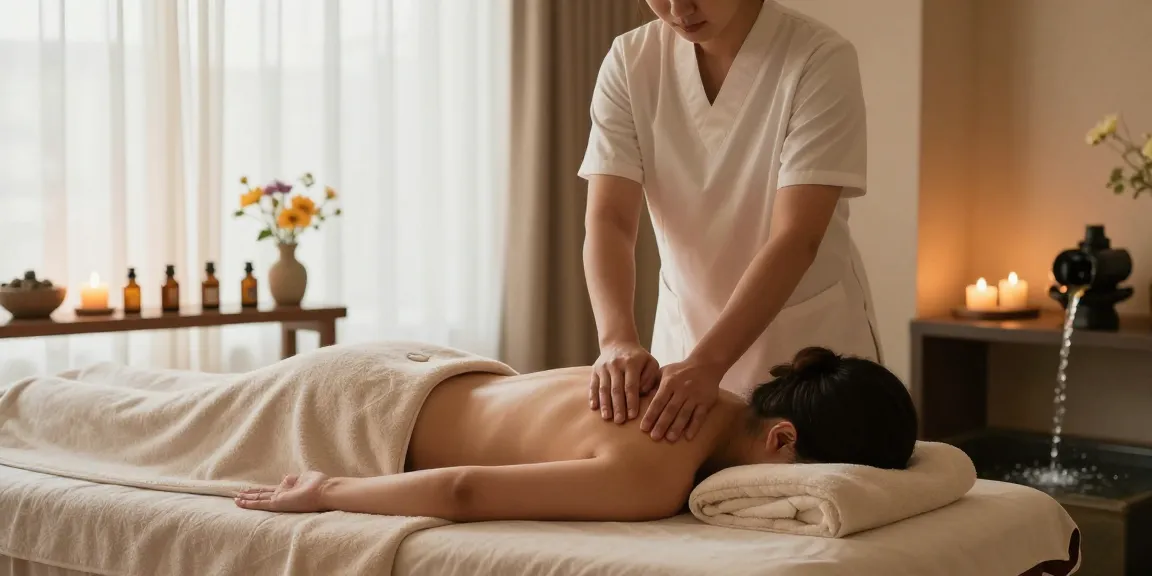 마사지 중인 치유사와 편안한 스파 환경을 보여주는 이미지