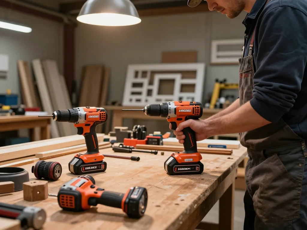 Technician using HiKOKI power tools in a busy workshop environment, showcasing tools and craftsmanship.