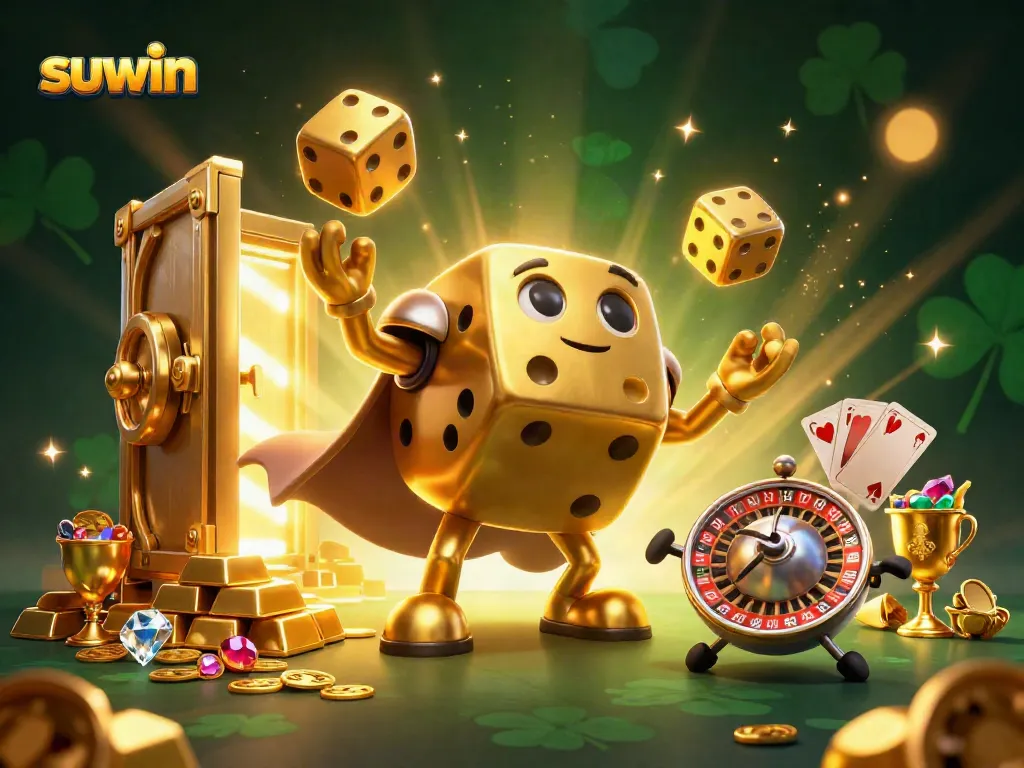 Experience the excitement of suwin with a dynamic 3D casino scene featuring a golden dice golem.