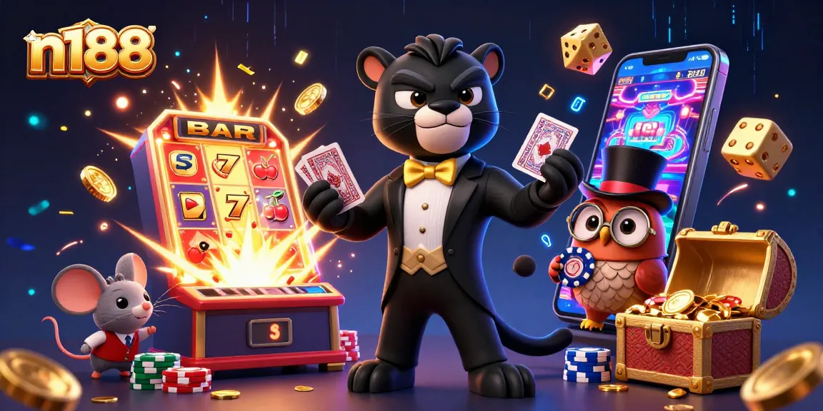 Experience thrilling gaming at n188 with a stylish black panther dealer, owl with chips, and winning elements.