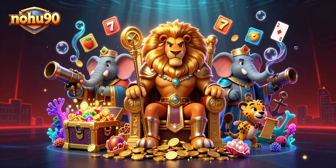 Nohu90 players explore thrilling jackpots with vibrant slot reels in an enchanting casino scene.