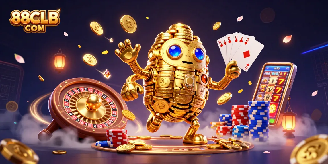 Experience thrilling gaming with 88CLB COM as a golden golem and vibrant casino elements abound.