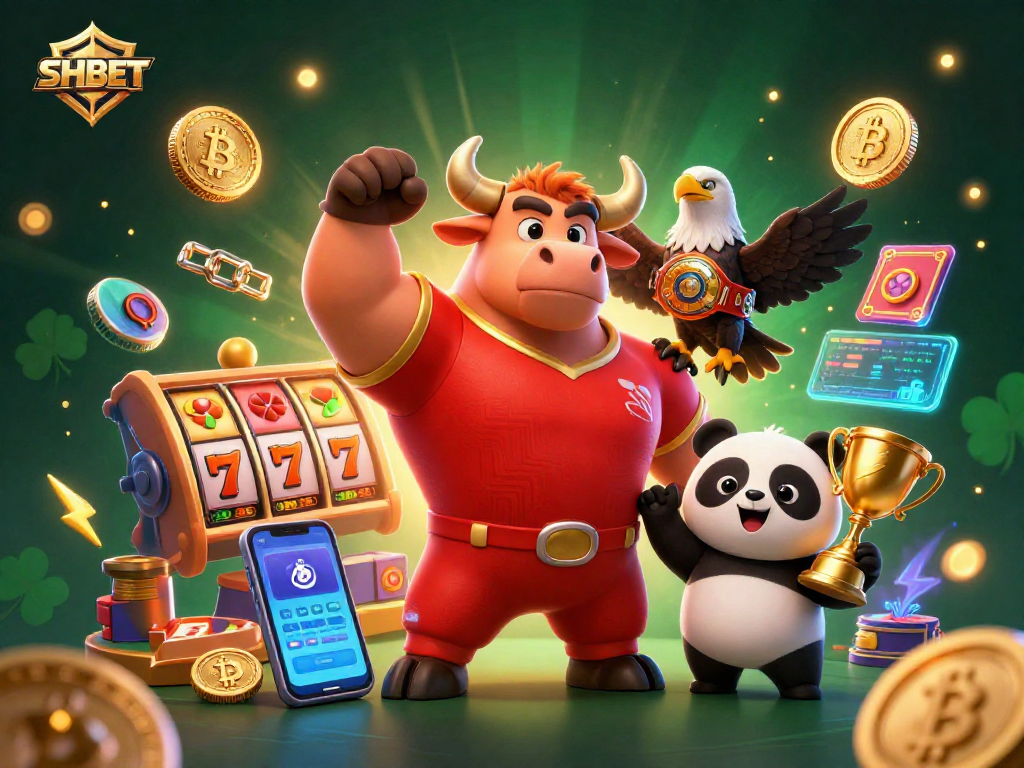 Experience the thrill of SHBET with a victorious bull, eagle, and panda amid vibrant gaming elements.