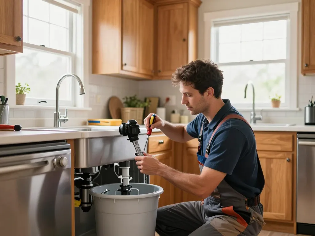 Technician performing garbage disposal installation in a bright kitchen.