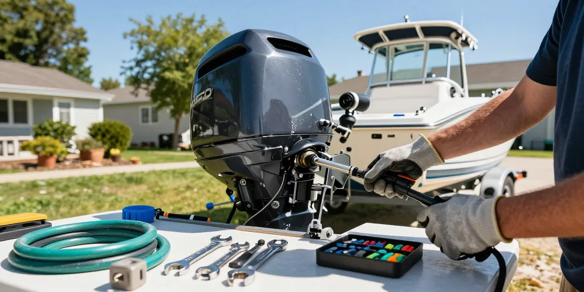 Person maintaining an outboard motor using an outboard motor flush kit in a sunny backyard setting.