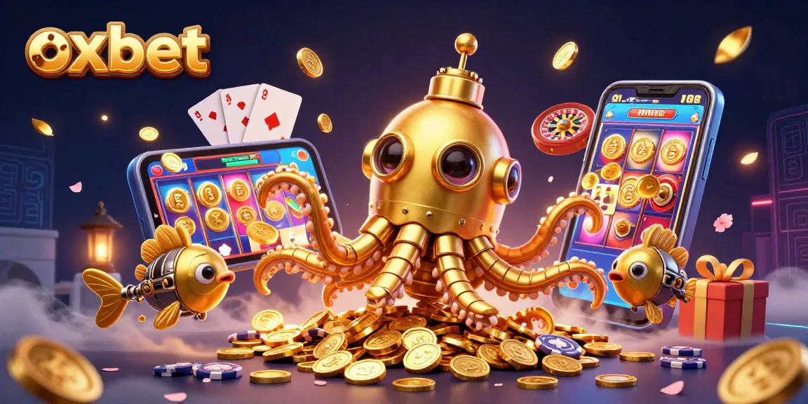 Experience the thrill of oxbet as a golden kraken submarine rises through coins in a vibrant casino scene.