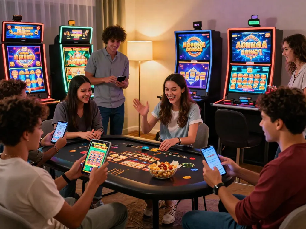 Friends enjoying casino bonus sans depot in a lively living room with colorful slot graphics.
