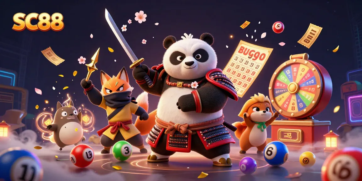 Engaging SC88 animated scene with a samurai panda and ninja fox amidst dynamic casino elements.