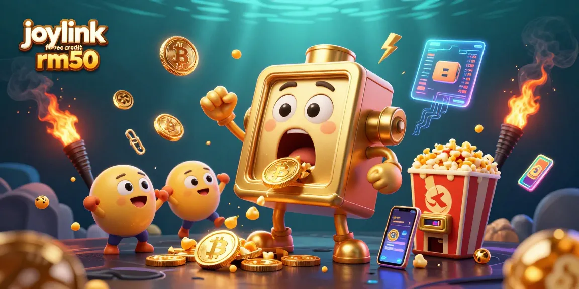 Experience joylink free credit rm50 with a lively illustration of a surprised slot machine winning coins with cheer from baby machines.