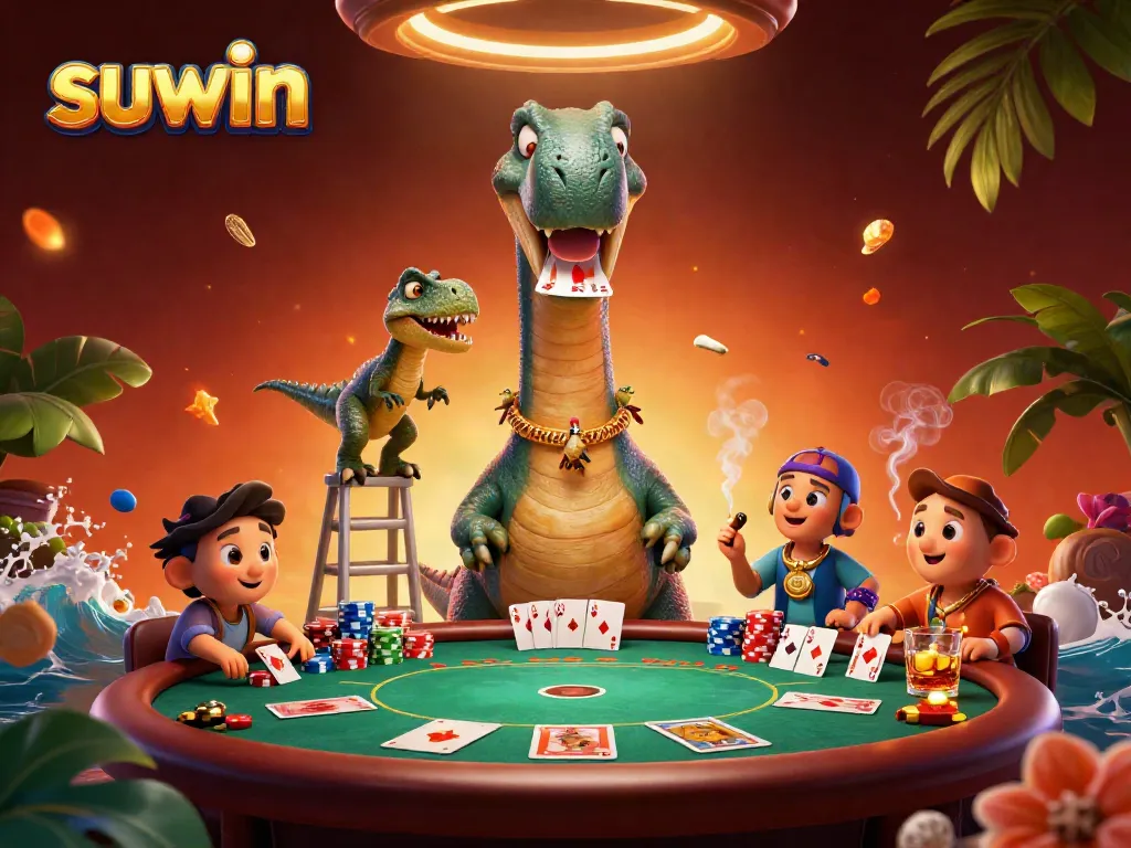 Suwin-themed vibrant casino scene showcasing a brontosaurus interacting with poker elements and raptor dealer.