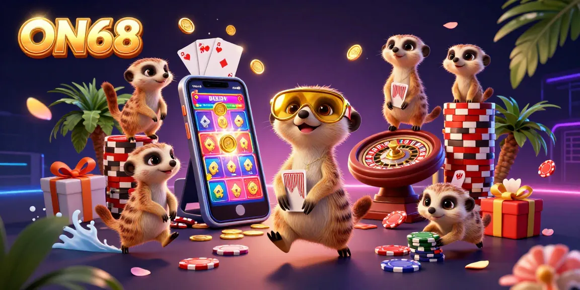 Experience the excitement of ON68 with meerkats managing a dynamic casino scene filled with games and action.