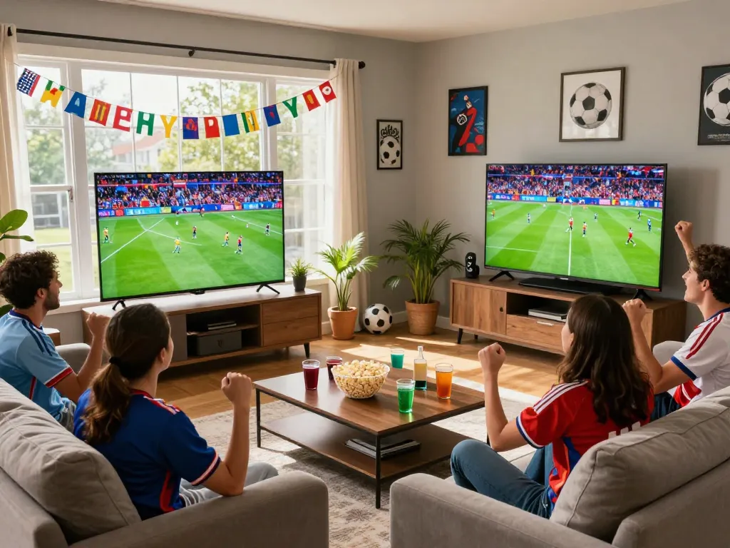 Người hâm mộ Lương Sơn TV tận hưởng trận đấu bóng đá hấp dẫn trong một phòng khách ấm cúng.