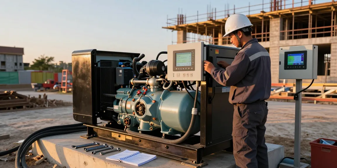 Technician inspecting diesel genset at construction site during golden hour