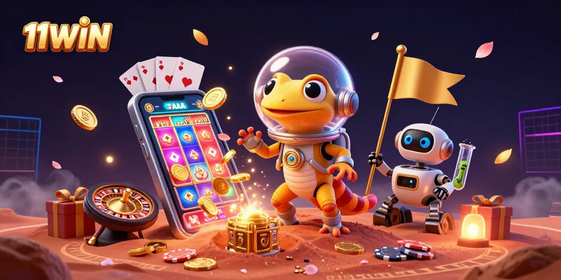 11WIN Martian gecko explores a buried casino with robot sidekick in vibrant 3D scene.