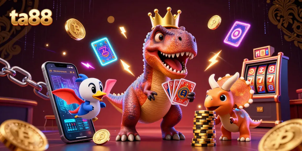 Engage in thrilling casino action with ta88 featuring a playful dinosaur dealer and digital crypto elements.