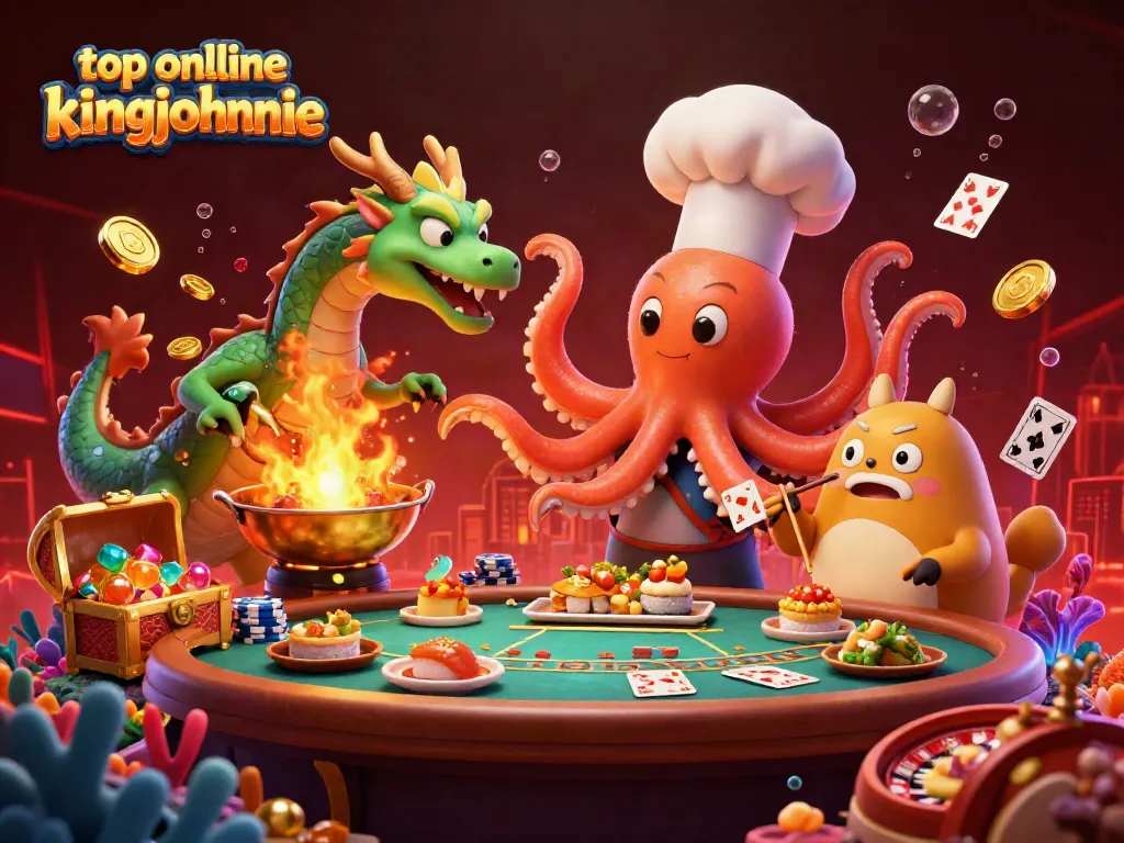 Experience top online blackjack kingjohnnie with an exciting 3D octopus chef and vibrant casino elements.