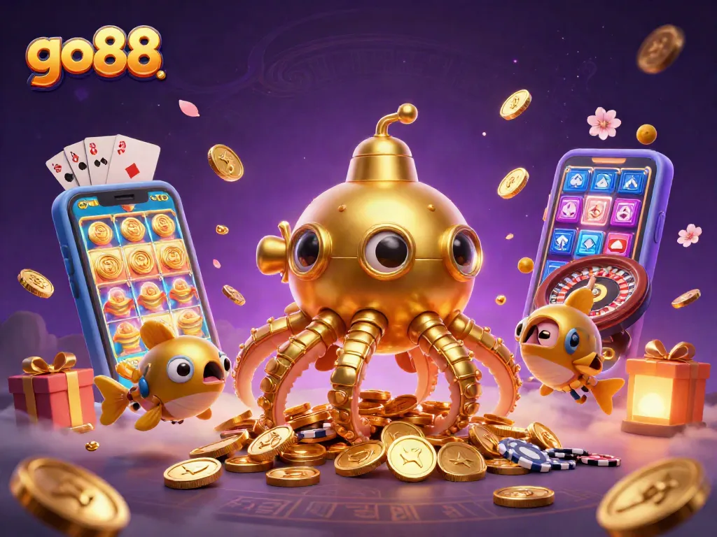 Experience casino excitement with go88, featuring a kraken and golden coins in a vibrant 3D scene.