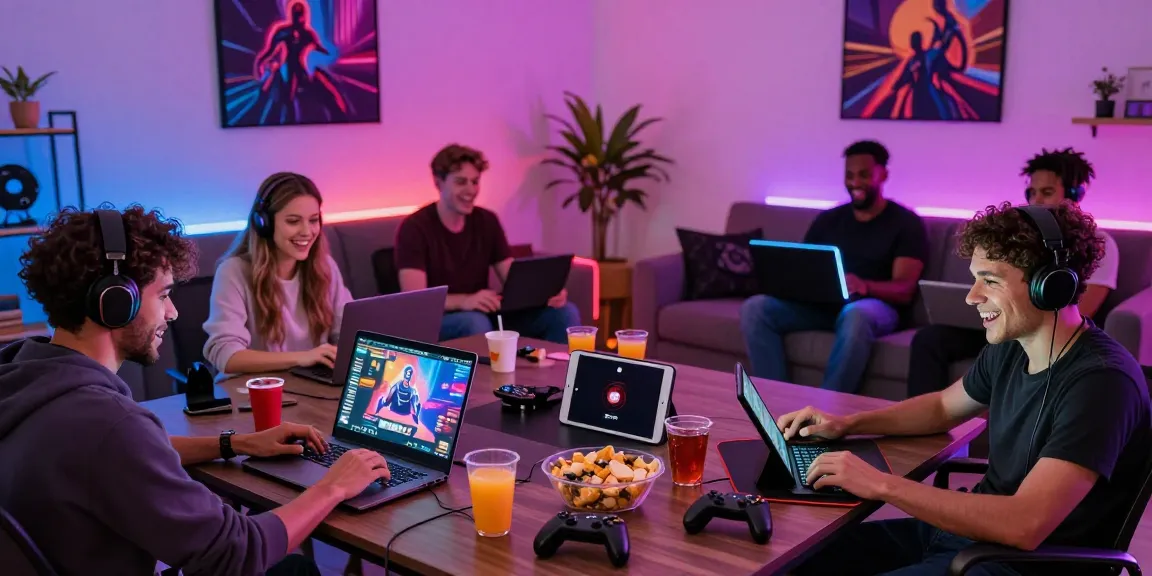 Engaged gamers playing sex game online in a vibrant home setup.