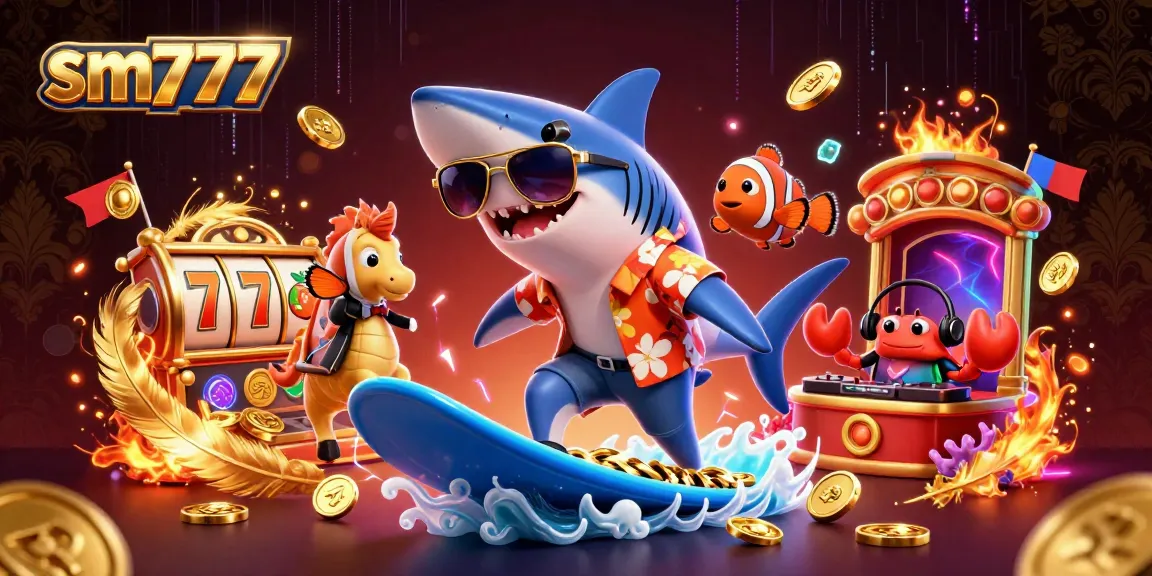 Spin with sm777: a shark surfing coins amidst vibrant casino elements for thrilling fun.
