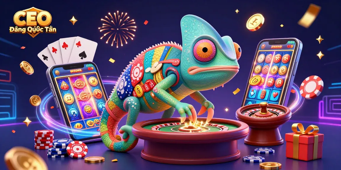 Experience the gaming world with CEO Đặng Quốc Tiến as a vibrant chameleon amidst casino delights.
