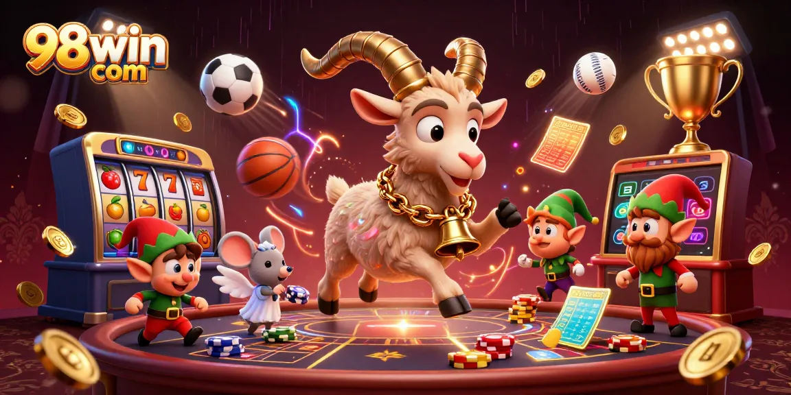 Experience thrilling action at 98win com with vibrant casino elements and whimsical characters.
